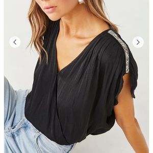 NWT Black Satin Rhinestone-Trim Surplice Top